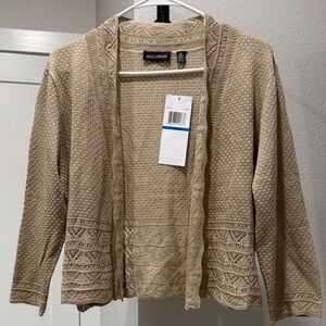 Nina Leonard Tan Open-Front Knit Cardigan with Lace Hem XL